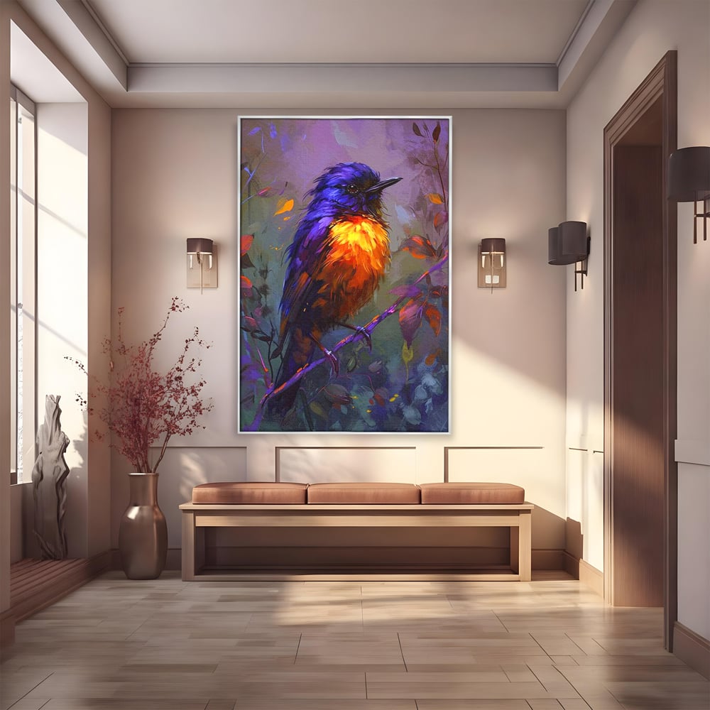 Tablou canvas cu tablou canvas cu pasare colorata pe ramura, in rama de aluminiu argintiu
